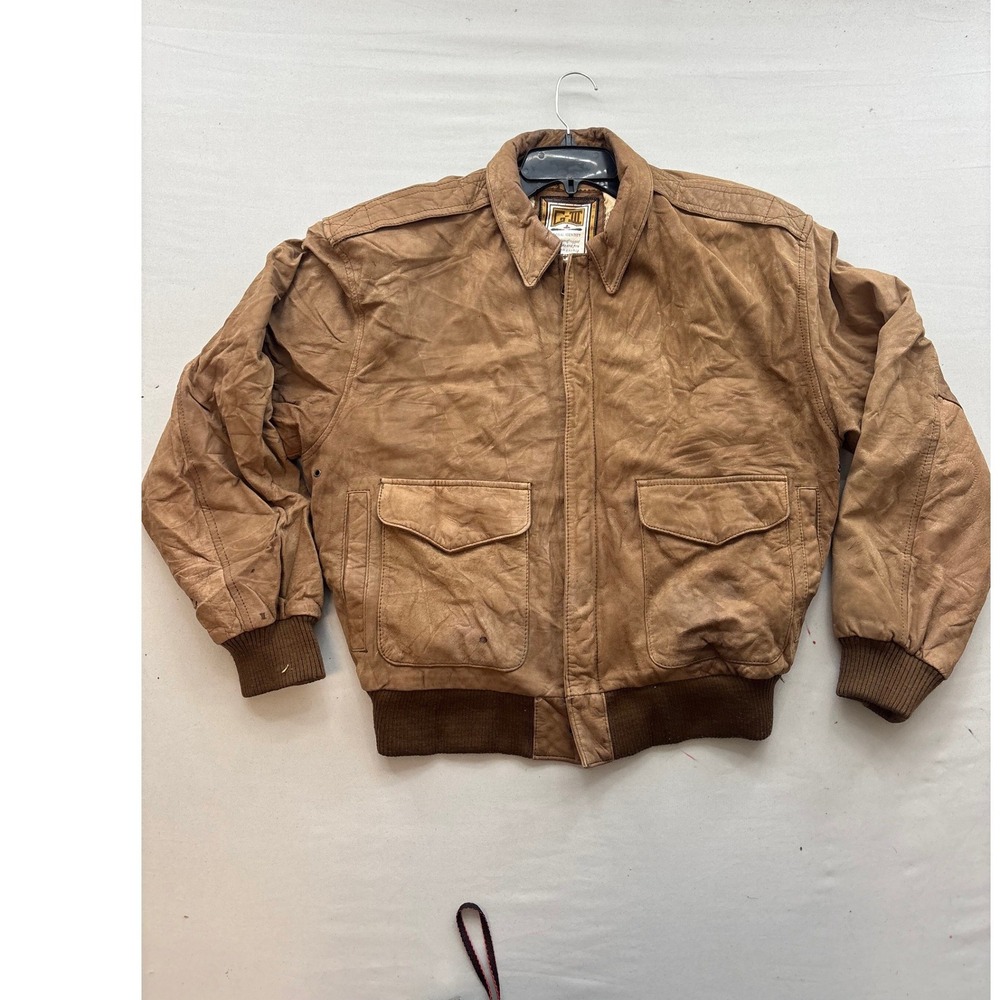 G-III Global Identity Brown Leather Bomber Jacket Map Lining Mens Small
